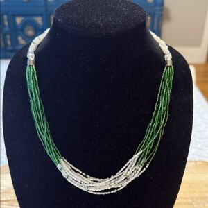 Native American Style Green and White Seed Beaded Statement Necklace